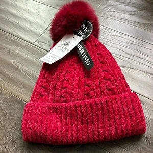 Grand Sierra plush lined faux fur pom-pom knit cuffed beanie sherpa lined OSFM
